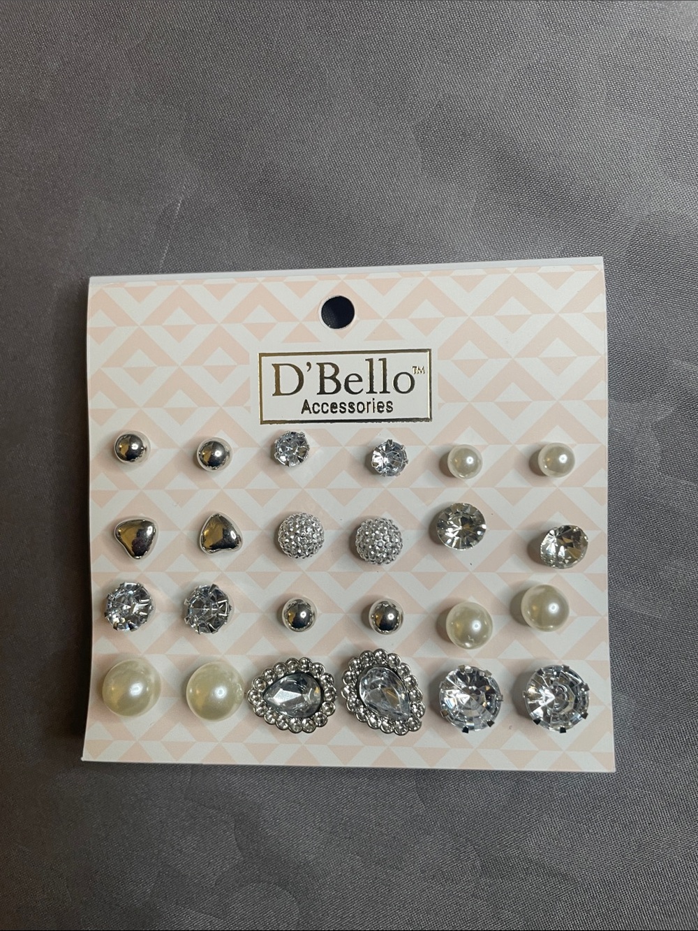 D'Bello Pearl and Crystal Multi-Pair Earring Set - White and Silver